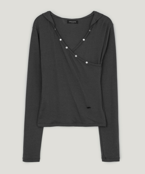 GROWHIDE(グロウハイド)の「ブチルボタンVラップフード長袖Tシャツ_チャコール(Tシャツ/カットソー・レディース・チャコールグレー・FREE)」の6枚目の写真