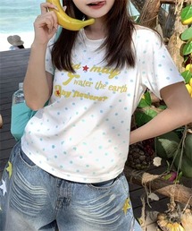 ドット柄 クルーネック英語プリントTシャツ 半袖 Y2K