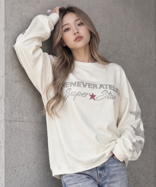 center i(センターアイ)の「ラインストーンスター ロゴプリントロンT(Tシャツ/カットソー・レディース・ネイビー/ホワイト・FREE)」の2枚目の写真