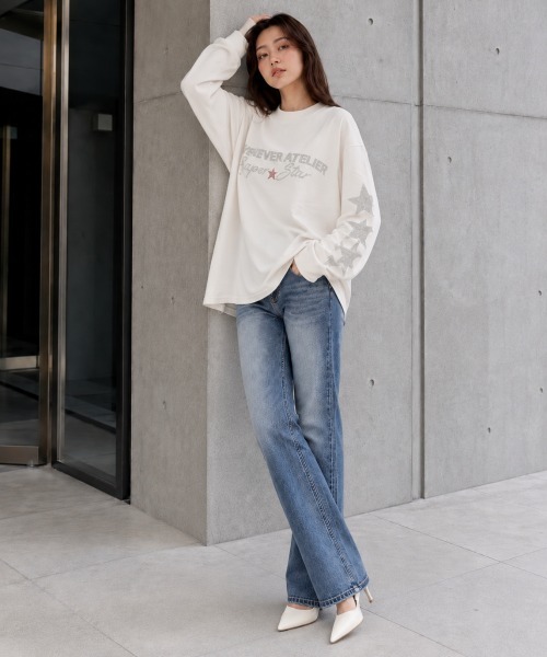 center i(センターアイ)の「ラインストーンスター ロゴプリントロンT(Tシャツ/カットソー・レディース・ネイビー/ホワイト・FREE)」の9枚目の写真