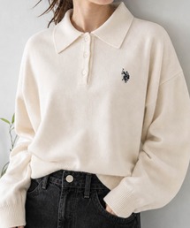【18】〔U.S.POLO ASSN/ユーエスポロアッスン〕ジャガードニット クロップドポロ 無地/ボーダー/レディース