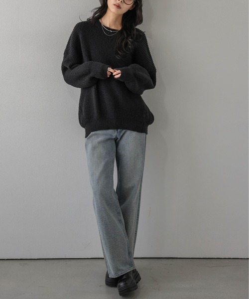 La-gemme(ラジェム)の「ワッフルニットプルオーバー/ゆったりシルエット/リラクシー(ニット/セーター・レディース・グレー/ピンク/ブラック/ベージュ・フリー)」の5枚目の写真