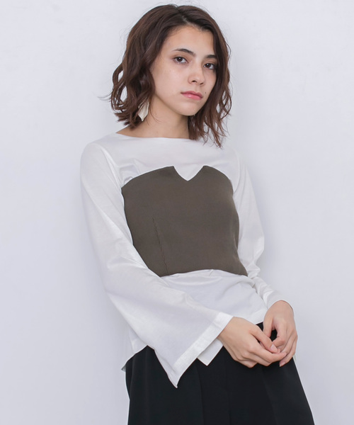 STUDIOUS(ステュディオス)の「ニットビスチェ付カットソー(Tシャツ/カットソー・レディース・ブラック/カーキ・FREE)」の2枚目の写真