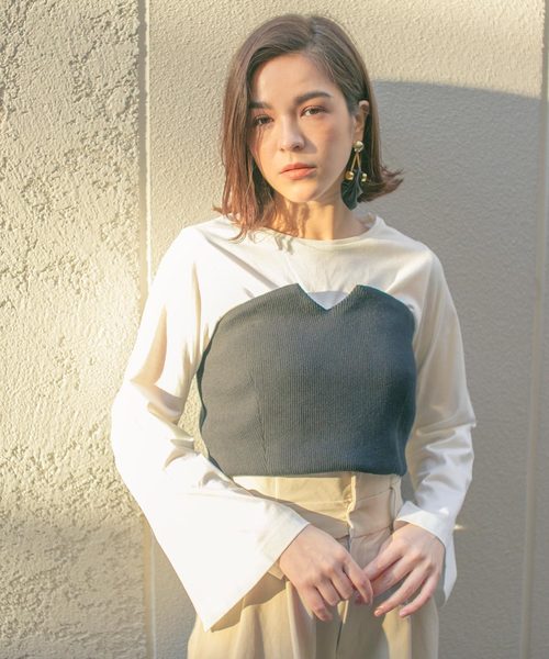 STUDIOUS(ステュディオス)の「ニットビスチェ付カットソー(Tシャツ/カットソー・レディース・ブラック/カーキ・FREE)」の1枚目の写真