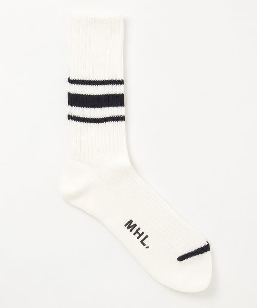 MHL.（エムエイチエル）の「NAVAL STRIPE SOCK（ソックス/靴下・メンズ・オフホワイト/グリーン/ブラック・FREE）」の2枚目の写真