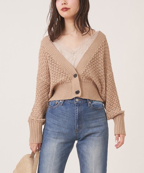 natural couture（ナチュラルクチュール）の「テープヤーンざっくりメッシュショートカーディガン（カーディガン/ボレロ・レディース・アイボリー/モカ/ベージュ・FREE）」の14枚目の写真