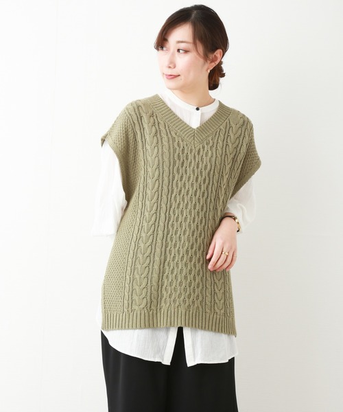 n'ee-ne（ネーネ）の「コットンケーブル編地切替ベスト（ベスト・レディース・モカ/ベージュ/オフホワイト/カーキ・FREE）」の4枚目の写真