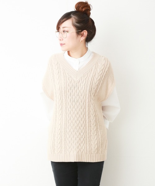 n'ee-ne（ネーネ）の「コットンケーブル編地切替ベスト（ベスト・レディース・モカ/ベージュ/オフホワイト/カーキ・FREE）」の10枚目の写真