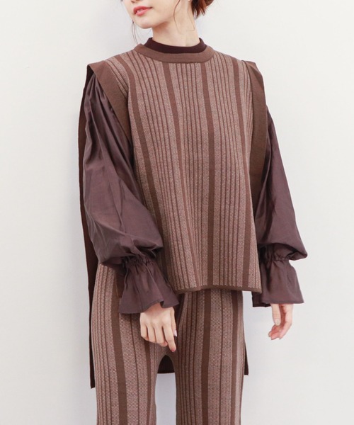 archives(アルシーヴ)の「ストライプジャガードニットベスト(ニット/セーター・レディース・ブラック/グリーン/モカ・MEDIUM)」の14枚目の写真