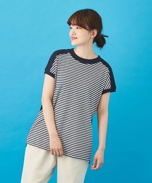 CUBE SUGAR（キューブシュガー）の「WEB限定 天竺 ＆ ボーダー テレコ 前後切替 フレンチスリーブ Tシャツ（Tシャツ/カットソー）」