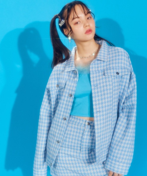 WC（ダブル シー）の「カラー千鳥柄ジャケット（ブルゾン・レディース・ブラック/グリーン/サックスブルー・FREE）」の3枚目の写真