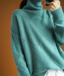 カラータートルダイヤリブジャガードニット