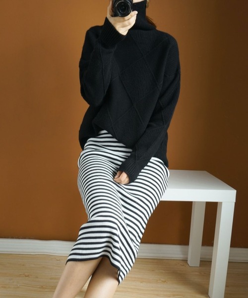 meJane（ミージェーン）の「カラータートルダイヤリブジャガードニット（ニット/セーター・レディース・ブラック/グレー/イエロー/グリーン/モカ・FREE）」の6枚目の写真