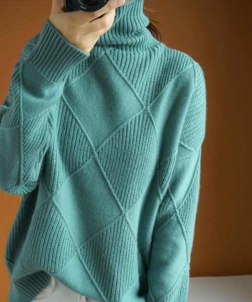 meJane（ミージェーン）の「カラータートルダイヤリブジャガードニット（ニット/セーター・レディース・ブラック/グレー/イエロー/グリーン/モカ・FREE）」の7枚目の写真
