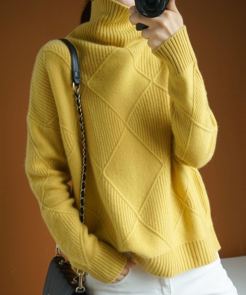 meJane（ミージェーン）の「カラータートルダイヤリブジャガードニット（ニット/セーター・レディース・ブラック/グレー/イエロー/グリーン/モカ・FREE）」の11枚目の写真