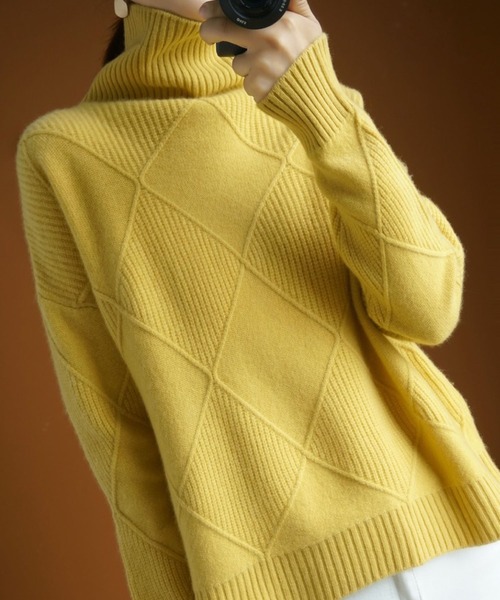 meJane（ミージェーン）の「カラータートルダイヤリブジャガードニット（ニット/セーター・レディース・ブラック/グレー/イエロー/グリーン/モカ・FREE）」の16枚目の写真