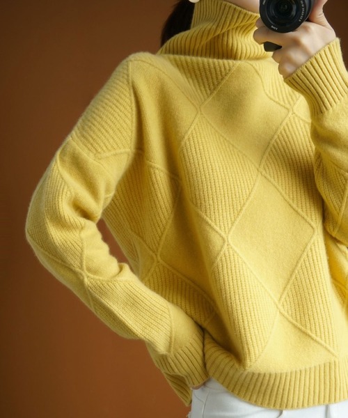 meJane（ミージェーン）の「カラータートルダイヤリブジャガードニット（ニット/セーター・レディース・ブラック/グレー/イエロー/グリーン/モカ・FREE）」の18枚目の写真