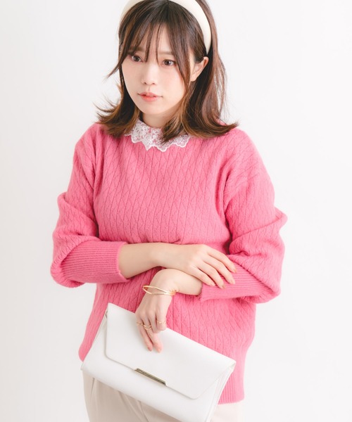 Wordtrobe(ワードトローブ)の「【wordtrobe】衿レース ニット プルオーバー(ニット/セーター・レディース・ホワイト/ピンク/ブルー/ライトグリーン・FREE)」の4枚目の写真