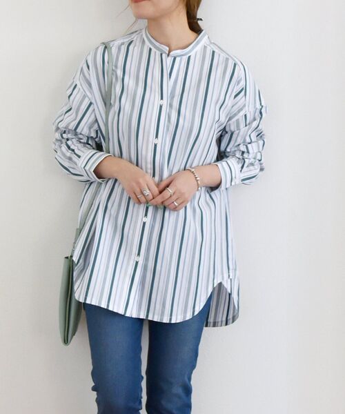 SHIPS any(シップス エニィ)の「SHIPS any:〈ウォッシャブル〉 バンドカラー ストライプ シャツ◇(シャツ/ブラウス・レディース・オフホワイト/グリーン・38/36)」の16枚目の写真