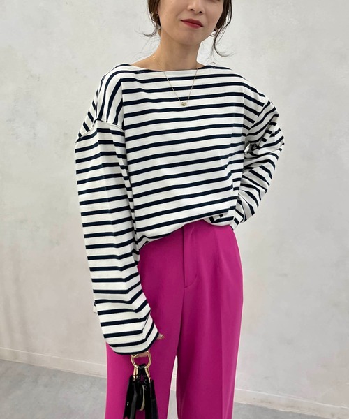 CAPRICIEUX LE'MAGE（カプリシューレマージュ）の「ボーダーボートネックTシャツ（Tシャツ/カットソー・レディース・グリーン/オフホワイト/モカ・FREE）」の2枚目の写真