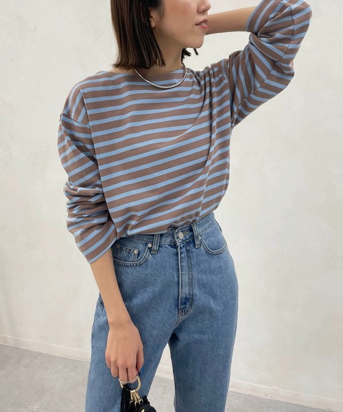 CAPRICIEUX LE'MAGE（カプリシューレマージュ）の「ボーダーボートネックTシャツ（Tシャツ/カットソー・レディース・グリーン/オフホワイト/モカ・FREE）」の3枚目の写真