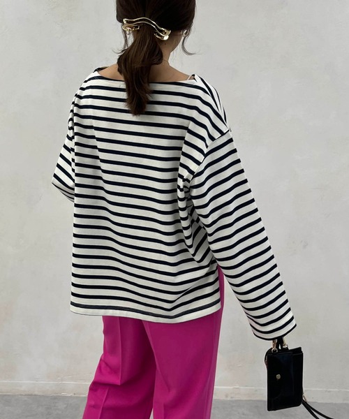 CAPRICIEUX LE'MAGE（カプリシューレマージュ）の「ボーダーボートネックTシャツ（Tシャツ/カットソー・レディース・グリーン/オフホワイト/モカ・FREE）」の12枚目の写真