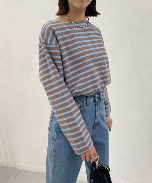 CAPRICIEUX LE'MAGE（カプリシューレマージュ）の「ボーダーボートネックTシャツ（Tシャツ/カットソー・レディース・グリーン/オフホワイト/モカ・FREE）」の5枚目の写真