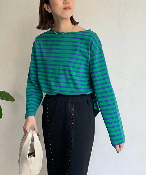 CAPRICIEUX LE'MAGE（カプリシューレマージュ）の「ボーダーボートネックTシャツ（Tシャツ/カットソー・レディース・グリーン/オフホワイト/モカ・FREE）」の19枚目の写真