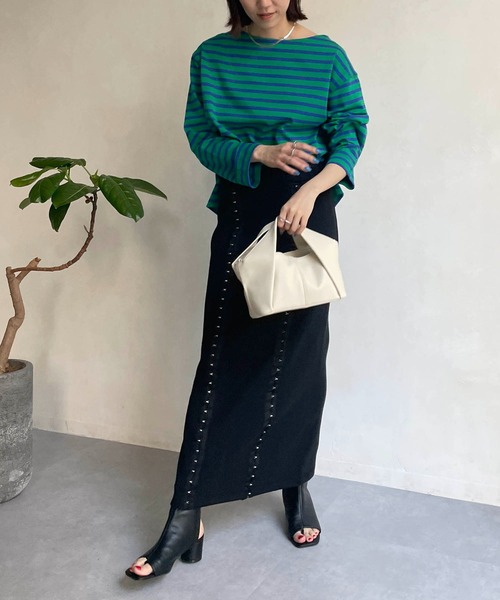 CAPRICIEUX LE'MAGE（カプリシューレマージュ）の「ボーダーボートネックTシャツ（Tシャツ/カットソー・レディース・グリーン/オフホワイト/モカ・FREE）」の15枚目の写真