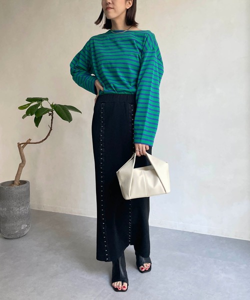 CAPRICIEUX LE'MAGE（カプリシューレマージュ）の「ボーダーボートネックTシャツ（Tシャツ/カットソー・レディース・グリーン/オフホワイト/モカ・FREE）」の11枚目の写真