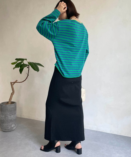 CAPRICIEUX LE'MAGE（カプリシューレマージュ）の「ボーダーボートネックTシャツ（Tシャツ/カットソー・レディース・グリーン/オフホワイト/モカ・FREE）」の7枚目の写真