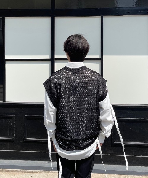 Chikashitsu +（チカシツプラス）の「【Chikashitsu +/チカシツプラス】design v neck vest/Vネックベスト 重ね着 レイヤード ベスト（ベスト・メンズ・ホワイト/ブラック/グリーン・ONE SIZE）」の19枚目の写真