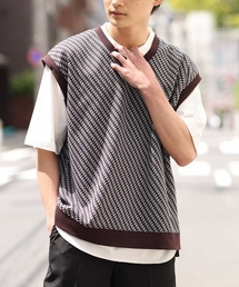 【2SET】ジャカードベストレイヤードカットソー