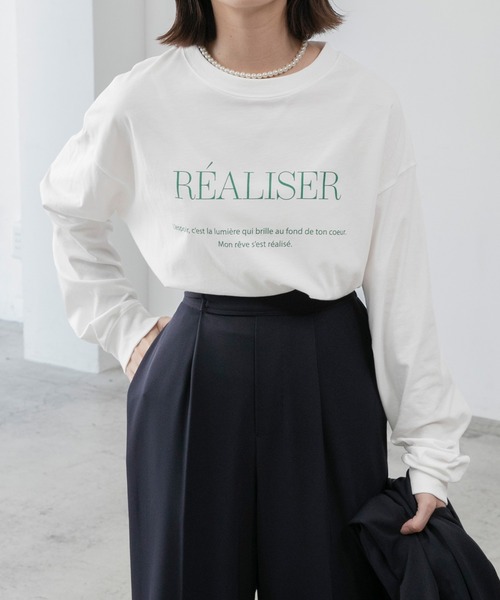 BONLECILL(ボンルシール)の「ラウンドヘム プリントロゴルーズロングTシャツ(Tシャツ/カットソー・レディース・ピンク/アイボリー/オートミール/チャコール・FREE)」の7枚目の写真