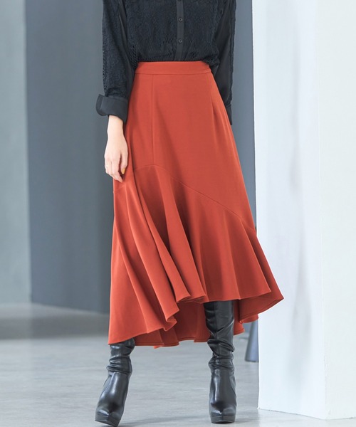 DRESS PLUS(ドレスプラス)の「フレアスカート ミモレ丈 フィッシュテール ペプラム バックゴム(スカート・レディース・ブラック/バーガンディー/アーミー/レンガ/グレー・M/S/L)」の5枚目の写真