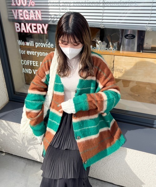 nemne store(ネンネストア)の「ワイドボーダーニットカーディガン(カーディガン/ボレロ・レディース・ピンク/グリーン/ブルー・フリー)」の10枚目の写真
