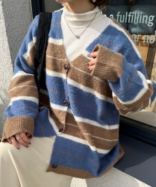 nemne store(ネンネストア)の「ワイドボーダーニットカーディガン(カーディガン/ボレロ・レディース・ピンク/グリーン/ブルー・フリー)」の19枚目の写真