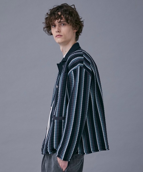 PUBLIC TOKYO（パブリックトウキョウ）の「マルチボーダーニットブルゾン（カーディガン/ボレロ・メンズ・ブラック/ベージュ・FREE）」の9枚目の写真