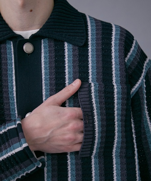 PUBLIC TOKYO（パブリックトウキョウ）の「マルチボーダーニットブルゾン（カーディガン/ボレロ・メンズ・ブラック/ベージュ・FREE）」の7枚目の写真