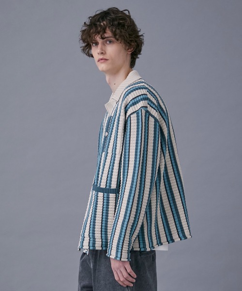 PUBLIC TOKYO（パブリックトウキョウ）の「マルチボーダーニットブルゾン（カーディガン/ボレロ・メンズ・ブラック/ベージュ・FREE）」の8枚目の写真