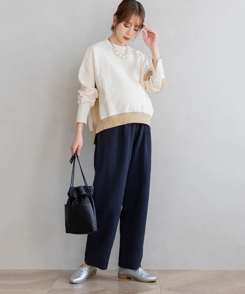 フェリシモMama（フェリシモママ）の「Ｍｏｒｅｄｄｅ　綿１００％楊柳ダブルガーゼ素材が気持ちいい　産前産後楽しめるワイドパンツ（マタニティウェア/グッズ・レディース・ベージュ/ブラック/ブルー・MEDIUM/LARGE/X-LARGE/XX-LARGE）」の15枚目の写真