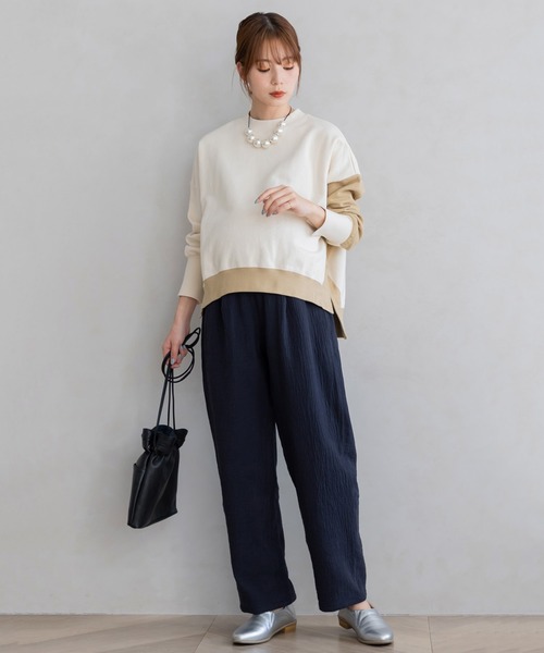 フェリシモMama（フェリシモママ）の「Ｍｏｒｅｄｄｅ　綿１００％楊柳ダブルガーゼ素材が気持ちいい　産前産後楽しめるワイドパンツ（マタニティウェア/グッズ・レディース・ベージュ/ブラック/ブルー・MEDIUM/LARGE/X-LARGE/XX-LARGE）」の16枚目の写真