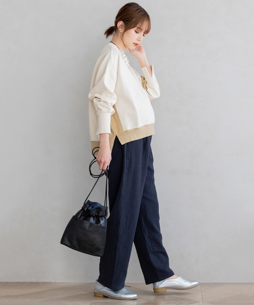 フェリシモMama（フェリシモママ）の「Ｍｏｒｅｄｄｅ　綿１００％楊柳ダブルガーゼ素材が気持ちいい　産前産後楽しめるワイドパンツ（マタニティウェア/グッズ・レディース・ベージュ/ブラック/ブルー・MEDIUM/LARGE/X-LARGE/XX-LARGE）」の18枚目の写真