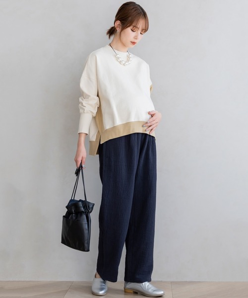 フェリシモMama（フェリシモママ）の「Ｍｏｒｅｄｄｅ　綿１００％楊柳ダブルガーゼ素材が気持ちいい　産前産後楽しめるワイドパンツ（マタニティウェア/グッズ・レディース・ベージュ/ブラック/ブルー・MEDIUM/LARGE/X-LARGE/XX-LARGE）」の19枚目の写真