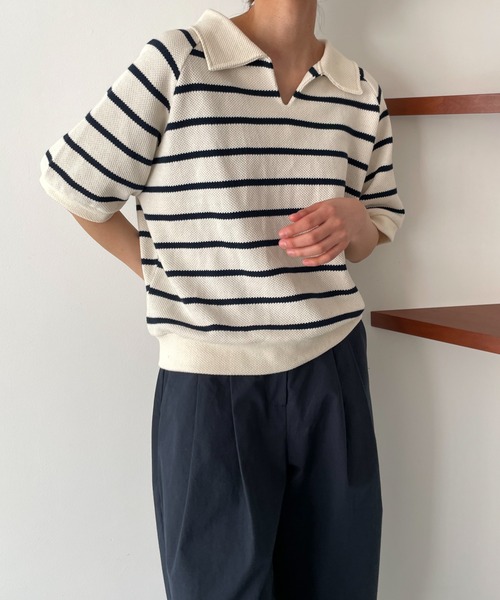 CANAL JEAN（キャナルジーン）の「El mar(エルマール) カノコ編みボーダー半袖プルオーバー（ポロシャツ・レディース・ブラック/アイボリー・ONE SIZE）」の2枚目の写真