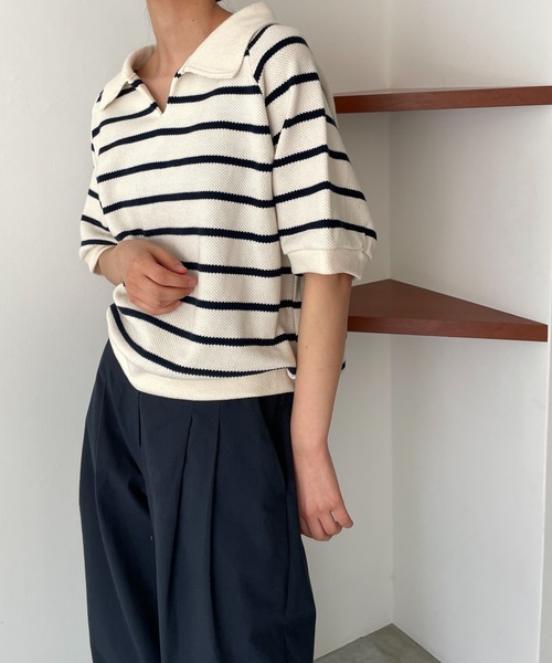 CANAL JEAN（キャナルジーン）の「El mar(エルマール) カノコ編みボーダー半袖プルオーバー（ポロシャツ・レディース・ブラック/アイボリー・ONE SIZE）」の3枚目の写真