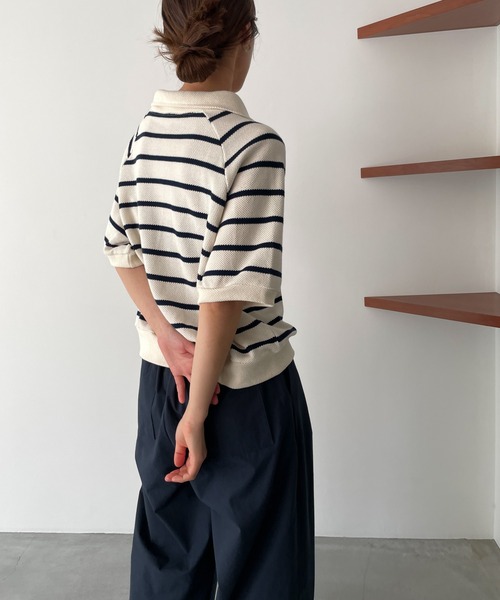 CANAL JEAN（キャナルジーン）の「El mar(エルマール) カノコ編みボーダー半袖プルオーバー（ポロシャツ・レディース・ブラック/アイボリー・ONE SIZE）」の4枚目の写真