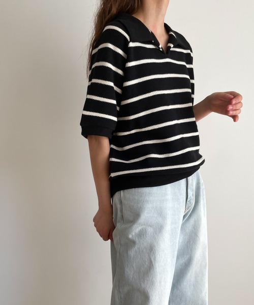 CANAL JEAN（キャナルジーン）の「El mar(エルマール) カノコ編みボーダー半袖プルオーバー（ポロシャツ・レディース・ブラック/アイボリー・ONE SIZE）」の7枚目の写真