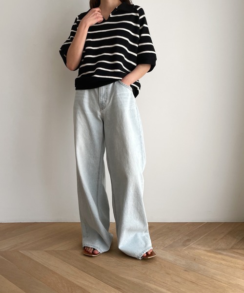 CANAL JEAN（キャナルジーン）の「El mar(エルマール) カノコ編みボーダー半袖プルオーバー（ポロシャツ・レディース・ブラック/アイボリー・ONE SIZE）」の8枚目の写真