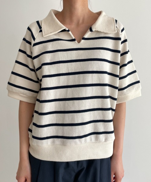 CANAL JEAN（キャナルジーン）の「El mar(エルマール) カノコ編みボーダー半袖プルオーバー（ポロシャツ・レディース・ブラック/アイボリー・ONE SIZE）」の9枚目の写真